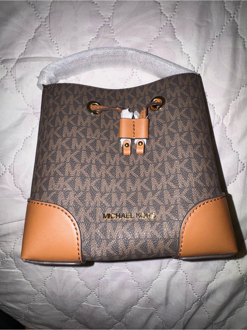 Michael Kors Brown Logo Bucket Shoulder Bag with Tan Trim